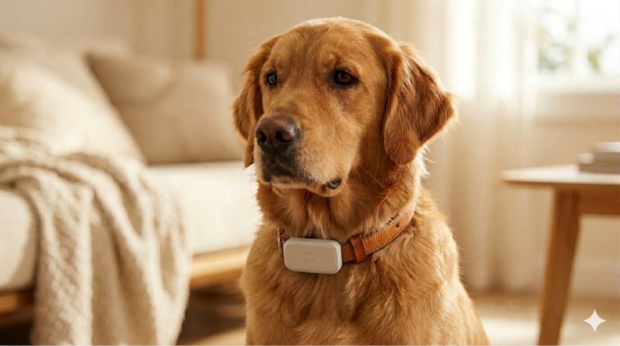 Golden retriever wearing a Nuzzo GPS tracker on its collar
