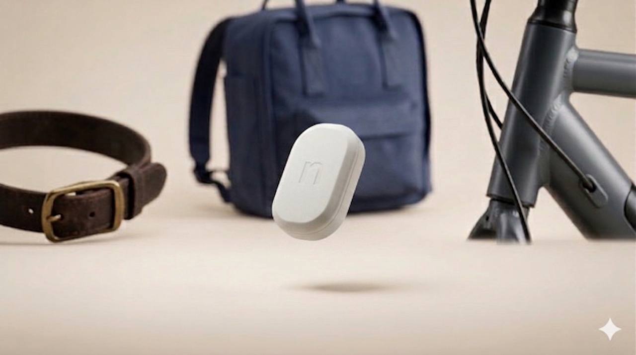Nuzzo GPS tracker with collar, bag, and bike